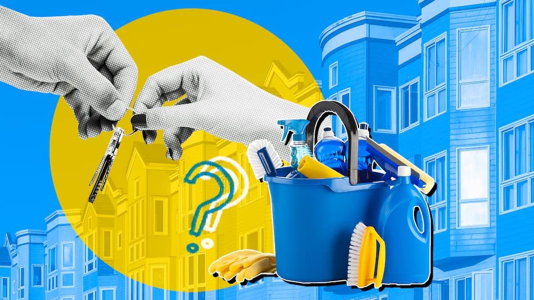 So verläuft die Wohnungsübergabe problemlos Zwei Hände, die einen Wohnungsschlüssel übergeben, daneben ein Putzeimer vor einer Hausfassade - Was Sie vor einer Wohnungsübergabe wissen sollten und welche Rechte Mieterinnen und Mieter in der Schweiz haben.