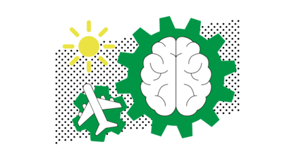 Ein weisses Gehirn auf einem grünen Zahnrad, daneben noch ein grünes Zahnrad mit einem Flugzeug und einer Sonne.