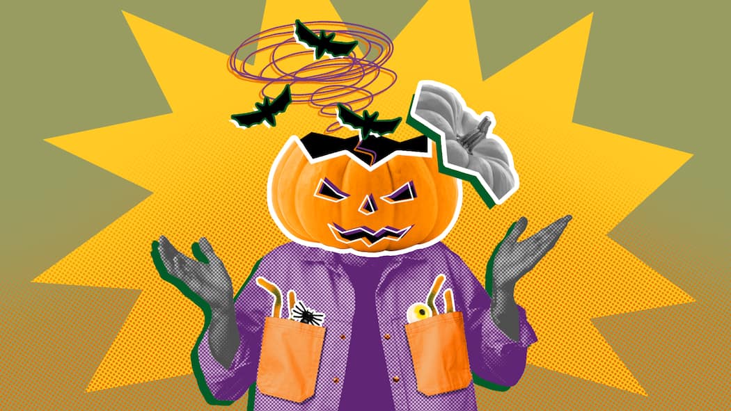 Diese Halloween-Streiche bringen Sie in Teufels Küche Ein Mann mit Kürbiskopf, aus dem Fledermäuse fliegen, mit fragendem Gestus. Was an Halloween als Fettnäpfchen gilt.