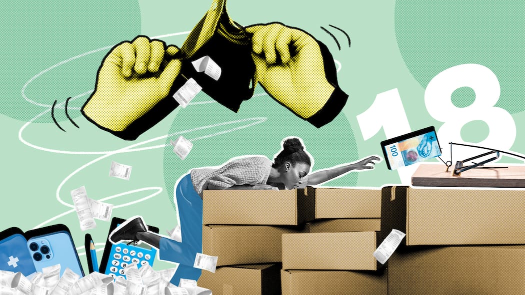 Hier lauern die Schuldenfallen Eine junge Frau beugt sich über Kartonschachteln. Um sie herum fliegen Quittungen und eine illustrierte Hand öffnet ein Portemonnaie. Werden Jugendliche volljährig, übernehmen sie Verantwortung über ihre eigenen Finanzen. Dabei ist die Schuldenfalle nicht weit entfernt. Das können sie tun, damit es nicht so weit kommt.