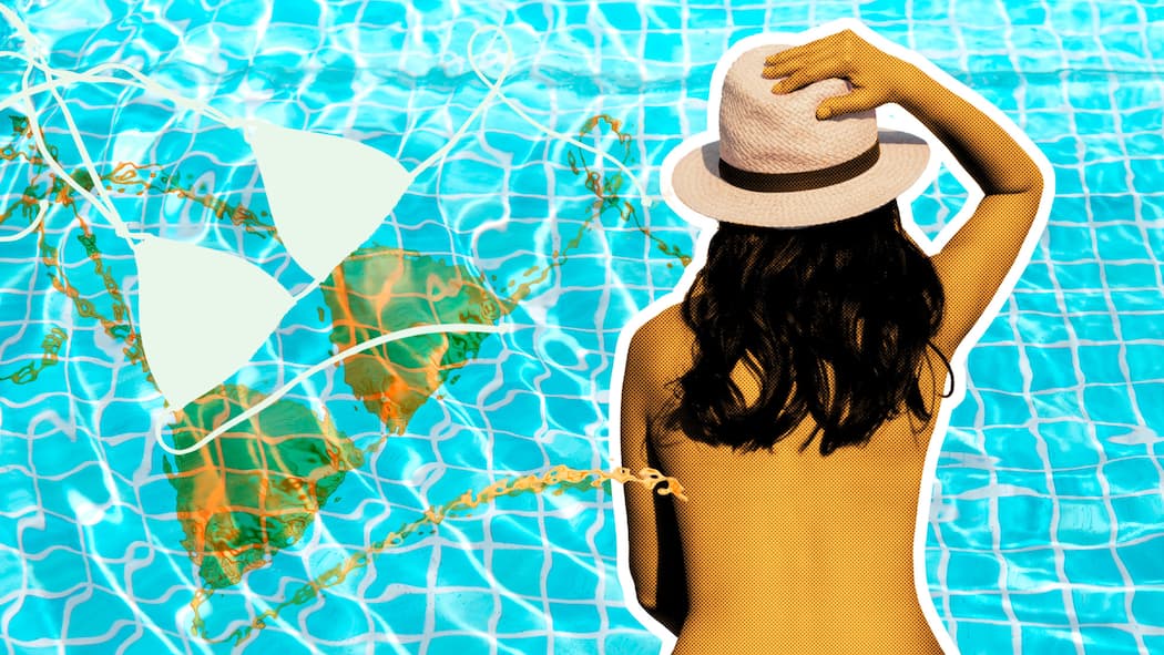 Barbusig in der Badi Eine Frau mit Sonnenhut von hinten vor Wasser und einem weissen Bikini. Ist es in der Schweiz rechtlich erlaubt, oben ohne zu baden als Frau?