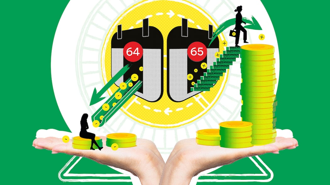 Früher in Rente gehen – für welche Frauen sich das auszahlt Illustration mit Kalendern und Münzen - Was ist besser: bis 65 arbeiten oder mit 64 aufhören und eine kleinere Rente in Kauf nehmen? Der Beobachter zeigt die Optionen