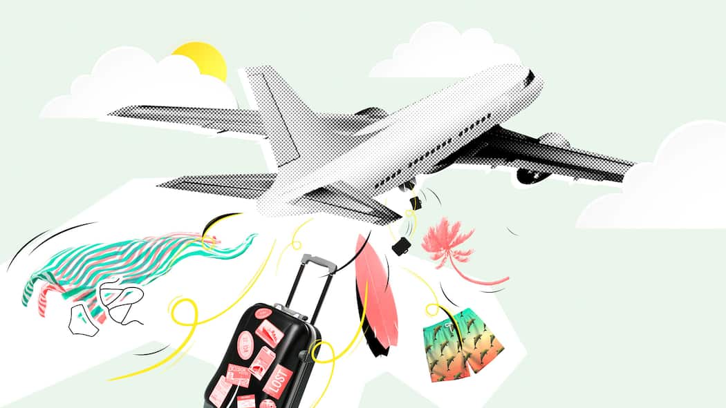 Koffer weg – was nun? Ein Flugzeug vor hellgrünem Hintergrund, aus dem Koffer, Palmen und eine Hose fallen. Wenn Reisegepäck verloren geht oder beschädigt wird, haben Sie Anspruch auf Entschädigung.