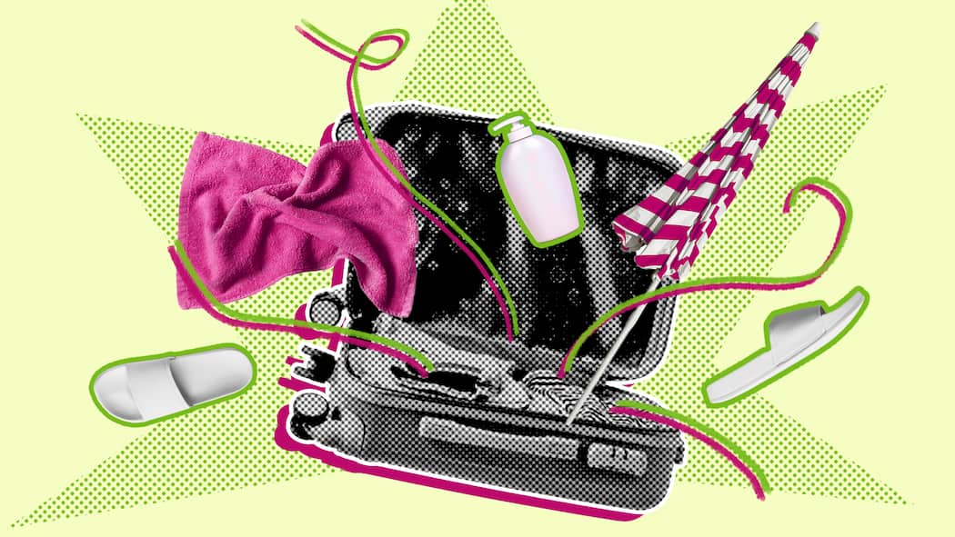 Das Hotelshampoo eingepackt – darf man das? Collage aus Shampoo, Handtuch und Koffer – Shampoo, Kugelschreiber, Badeschlappen – Hotelgäste lassen so einiges mitgehen. Was droht, wenn man erwischt wird