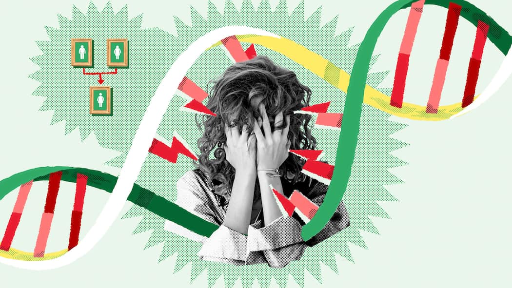 Wenn ein Trauma Generationen überdauert Eine Frau verbirgt ihr Gesicht mit den Händen, umgeben von einem Genstrang. Traumata lassen sich über Generationen vererben.