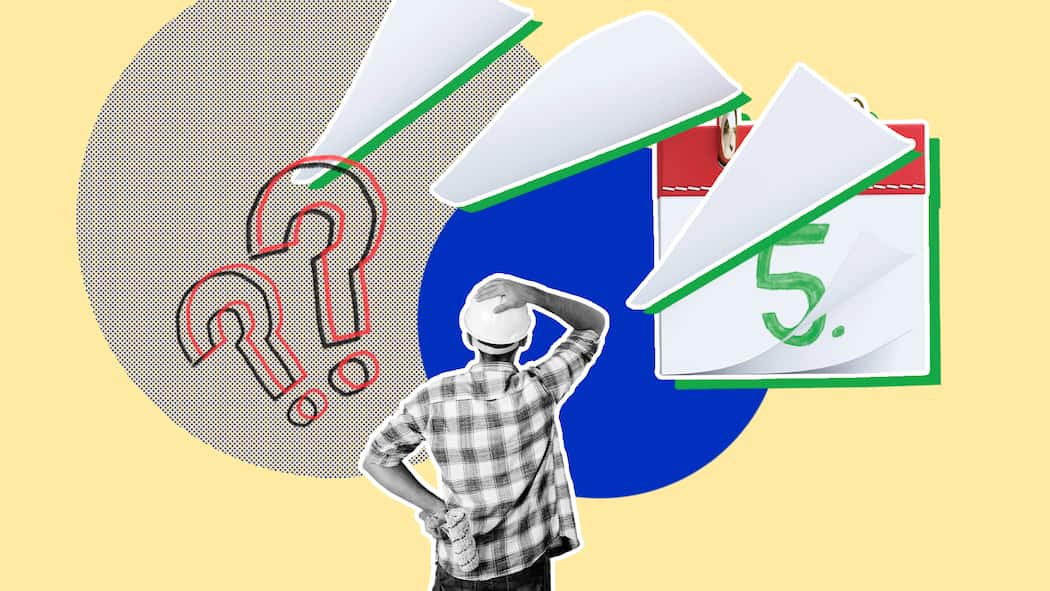 Späte Rechnung – wann verjähren Forderungen? Ein Mann von hinten mit einer Hand am Kopf vor Fragezeichen und Kalenderblättern. Alles, was man zum Thema Verjährung wissen muss