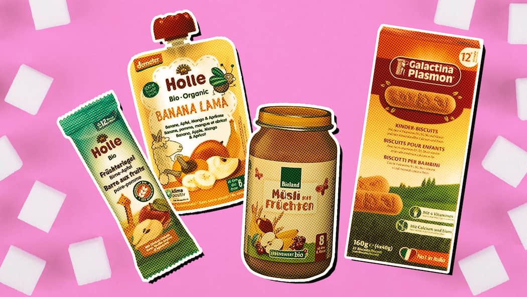 Zuckerbomben, verpackt in «gesunden» Snacks Die Grafik zeigt vier der untersuchten Lebensmittel, die viel Zucker enthalten.