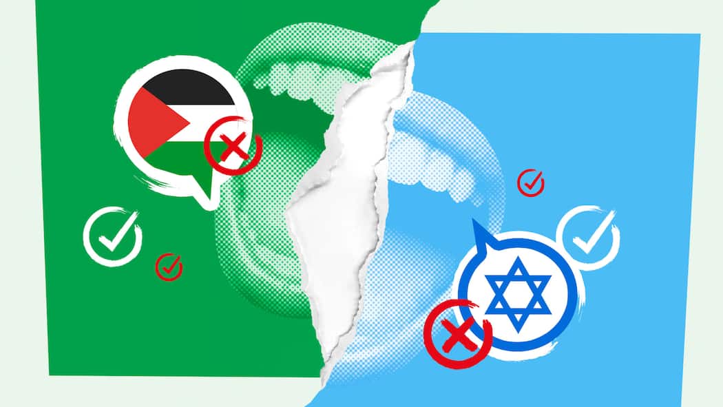 Wann Kritik an Israel oder am Islam strafbar wird Geöffneter Mund vor Israel- und Palästina-Flagge - Angesichts des Nahostkonflikts kochen die Emotionen hoch. Doch antisemitische oder muslimfeindliche Aussagen können strafbar sein. Wo ist die Grenze