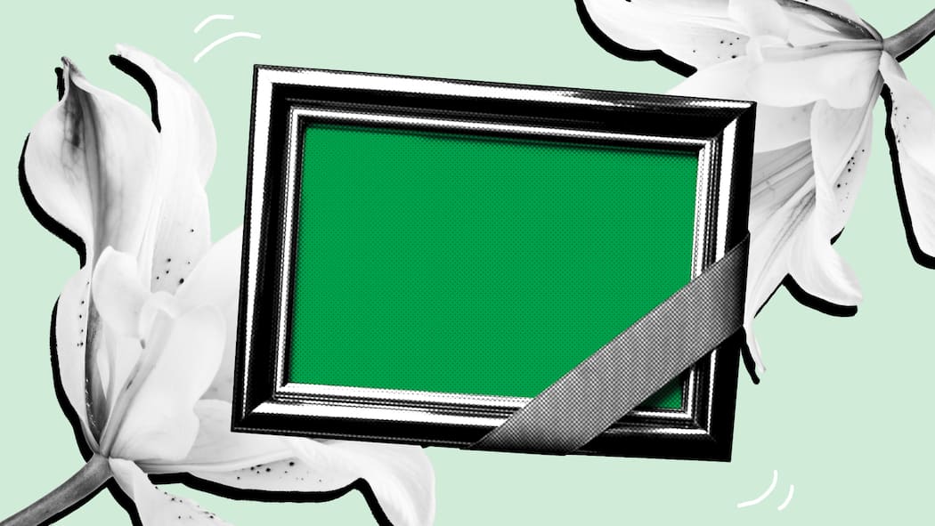 Ein geliebter Mensch stirbt – was Angehörige nun tun können Illustration Todesfall Bilderrahmen und Lilien