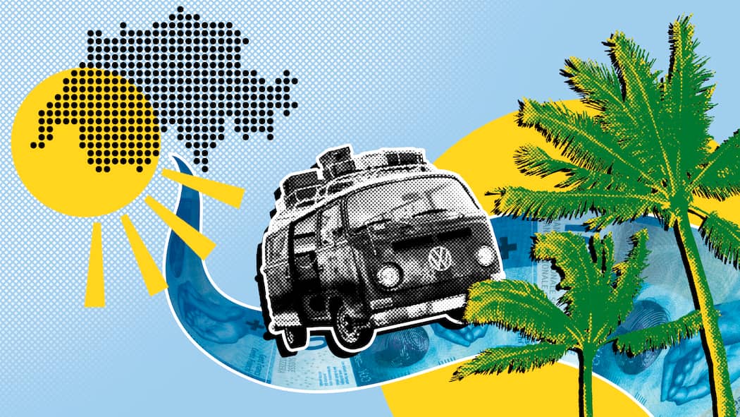 Sabbatical planen – das müssen Sie wissen Ein VW-Bully vor Palmen auf einer Geldschein-Strasse und einer Sonne vor blauem Hintergrund. Was man für einen Auslandsaufenthalt vorbereiten muss.