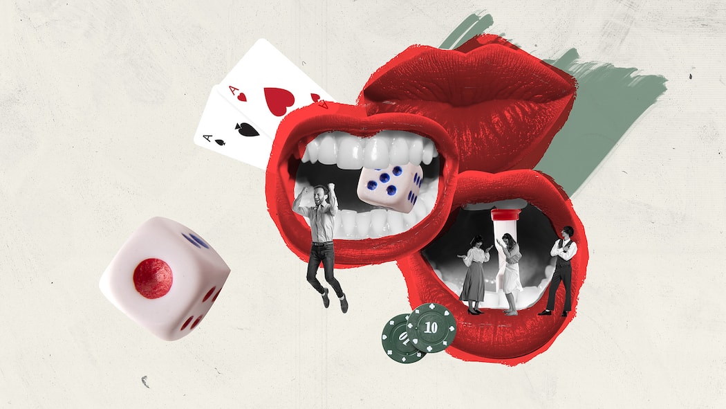 Tiktoker verlosen möglicherweise illegalen Jackpot Bildmontage mit roten Lippen, Würfeln und jubelnden Menschen. Auf der Plattform TikTok bringen Influencer andere Nutzer dazu, für vermeintlich grosse Jackpots immer wieder Geld zu investieren. Dabei könnte es sich um illegale Glücksspiele handeln.