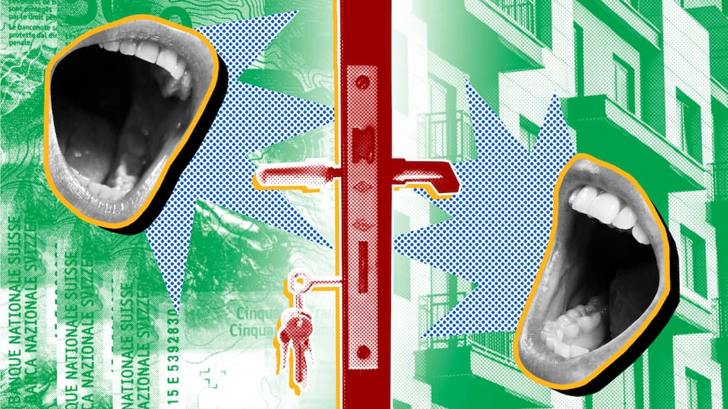 Höhere Miete? So wird geschlichtet Eine Haustür im Profil teilt das Bild in zwei Bereiche mit je einem schreienden Mund vor einer Hausfassade und Geldscheinen in Grün. Wie läuft ein Schlichtungsverfahren ab?