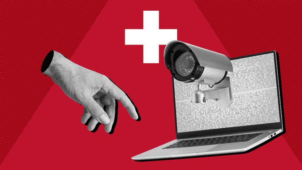 Wie uns der Schweizer Nachrichtendienst überwacht Eine Illustration zeigt einen Laptop und eine Überwachungskamera. Recherchen der Republik haben ergeben, dass der Geheimdienst die Schweizer Bevölkerung überwacht.
