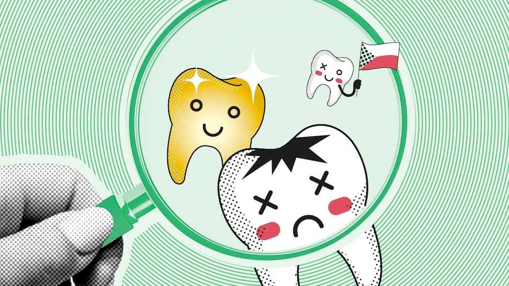 Antworten auf bohrende Fragen Zwei weisse und ein goldener Zahn hinter einer Lupe. Antworten auf bohrende Fragen.