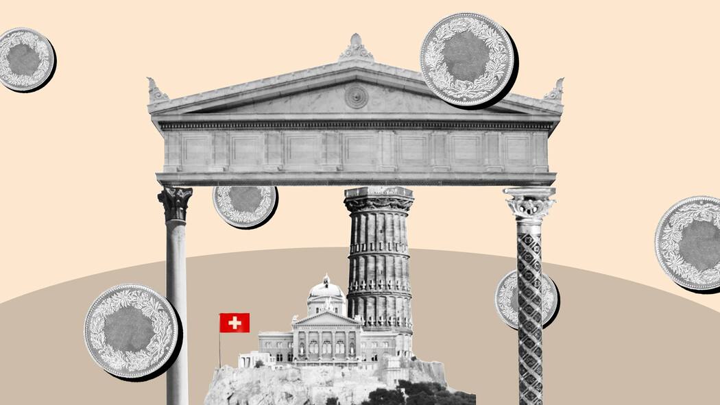 Wie gerecht ist unser Rentensystem? Ein Tempel mit vielen Münzen rundherum und einer Schweiz Flagge. Was Sie zur Altersvorsorge wissen sollten.