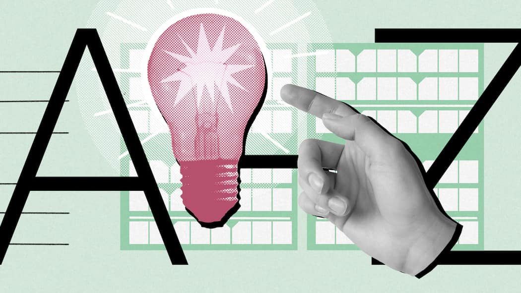 Steuertipps von A bis Z Eine Hand zeigt auf eine rote Glühbirne vor grünem Hintergrund mit den Buchstaben A und Z. Steuertipps von A bis Z