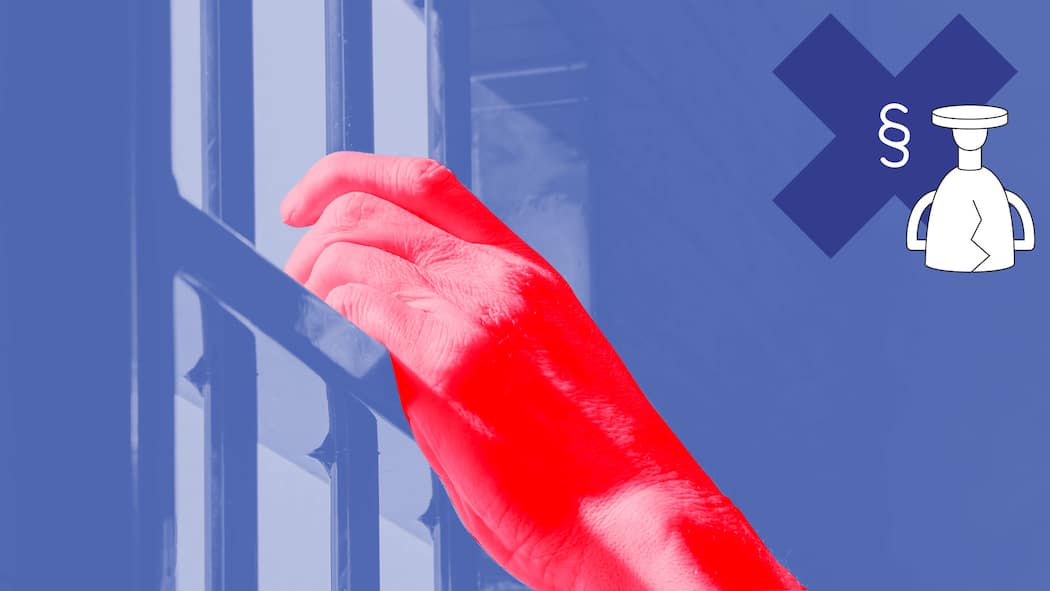 Auf freiem Fuss – nur dank Anwältin Collage-Illustration zeigt eine Hand hinter Gittern und den Fehlbefehl-Preis