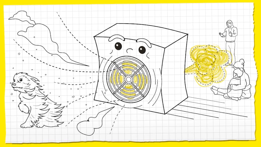Wie funktioniert eine Wärmepumpe? Illustration mit einer Wärmepumpe mit zwei Augen, vorne kommt kalte Luft raus, hinten warme