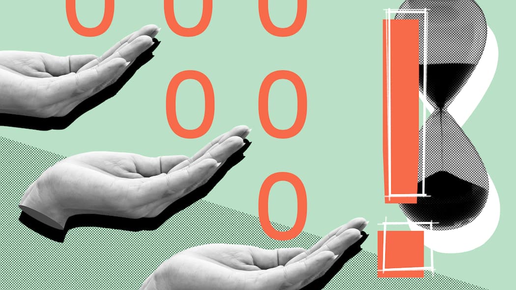 Der Lohn kommt nicht – so wehren Sie sich Drei Hände nach oben geöffnet, darüber Nullen, eine Sanduhr und ein Ausrufezeichen. Was tun, wenn der Chef den Lohn nicht zahlt.