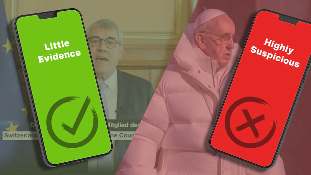 Dieses Tool soll gefälschte Bilder entlarven – wirklich? Montage: Ein grün-leuchtendes Smartphone zeigt den Text "little Evidence", ein rot-leuchtendes "Highly Susypicious". Dahinter eingeblendet ein echtes Bild von Eric Nussbaumer und ein gefälschtes des Paapstes.