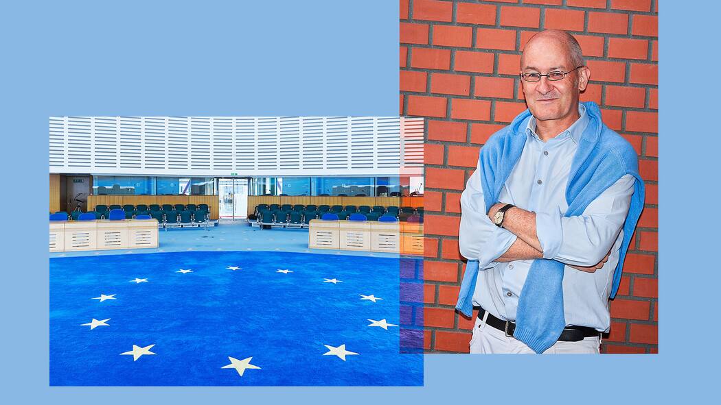 «Wenn alles ein Menschenrecht ist, ist nichts mehr ein Menschenrecht» Ein Bildmontage mit einem Protrait von Professor Diggelmann dass mit einem Foto des EGMR Gerichtssaals überblendet wird.