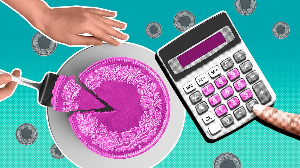 Berechnen Sie Ihr Erbe Ein runder Kuchen, der so aussieht wie eine Geldmünze, ist angeschnitten und ein Stück wird mit einem Tortenheber herausgenommen, daneben befindet sich ein Taschenrechner. Das Schweizer Erbrecht bestimmt, wer wie viel erbt und welche Personen mit einem Pflichtteil geschützt sind. Erfahren Sie im Erbrechner des Beobachters, wie hoch die Erbquote in Ihrem Fall ist.