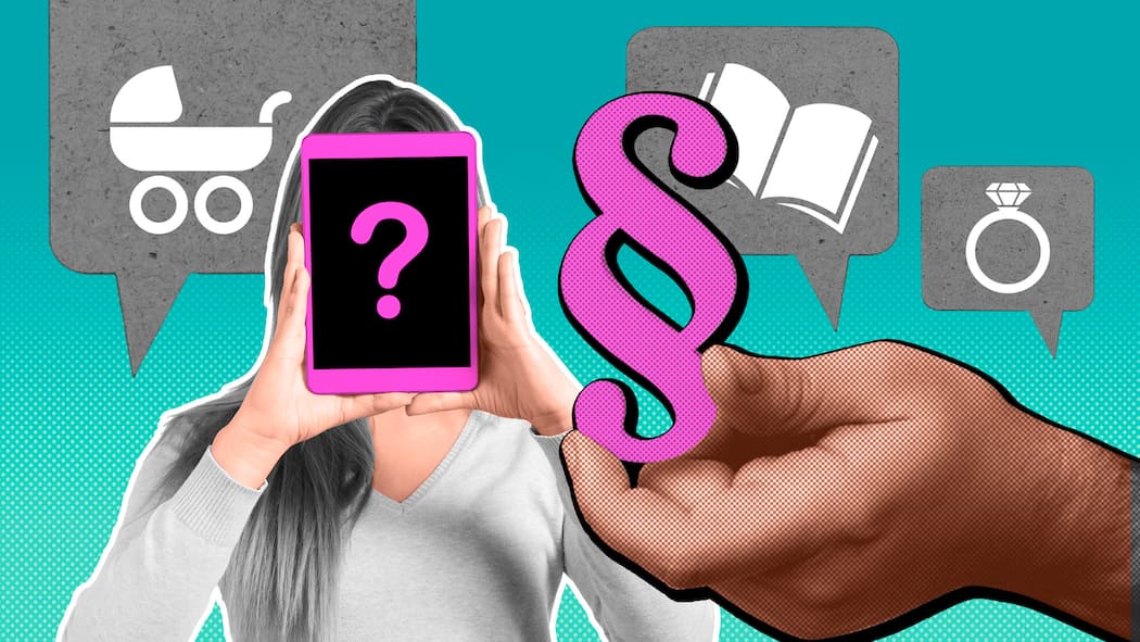 Fragen Sie den Chatbot zum Familien- und Erbrecht Eine Frau hält ein Smartphone vor ihrem Gesicht. Sie ist umgeben von Symbolen wie einem Kinderwagen und einem Ehering, während neben ihr eine grosse Hand das Zeichen für einen Gesetzesparagraphen hält. Das Schweizer Erb- und Familienrecht scheint komplex. Für Rechtsfragen hat darum der Beobachter einen Chatbot entwickelt, der auf dem gesammelten Wissen der Beobachter-Rechtsexpertinnen beruht.