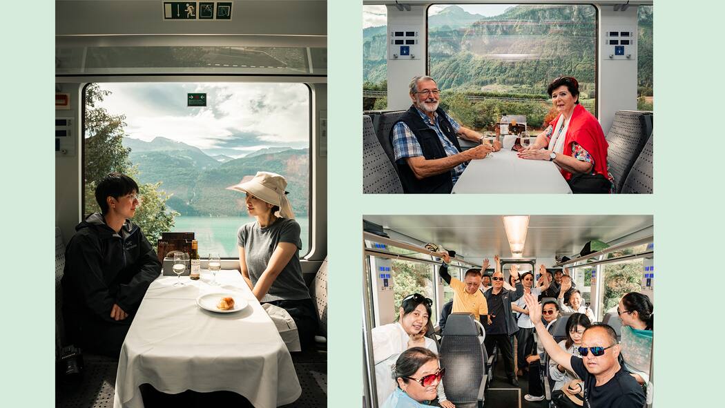 Sanfter Tourismus? Ich bin dabei! Collage aus drei Bildern: ein junges chinesisches Paar im SBB-Zug, ein älteres Schweizer Paar im SBB-Zug, eine lachende Touristengruppe in einem Zugswagen posiert fürs Foto