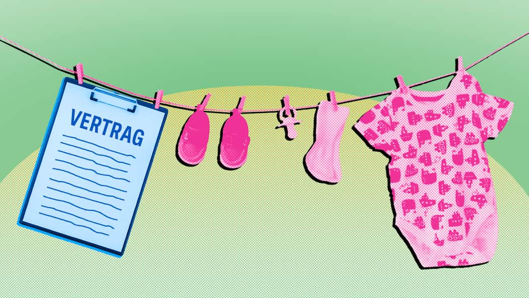 Wie der berufliche Wiedereinstieg als Mami gelingt Eine Wäscheleine mit Babykleidung und einem Arbeitsvertrag. So gelingt der berufliche Wiedereinstieg als Mutter.