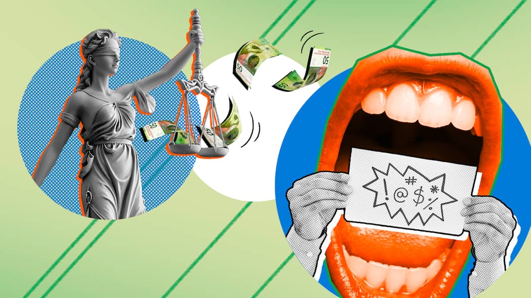 Wer kein «Tubel» sein will, muss zahlen Eine Justitia mit Geldscheinen auf der Waage neben einem geöffneten Mund mit Sprechblase vor grünem Hintergrund. Was gilt beim Vorschuss zum Strafantrag bei Ehrverletzung.