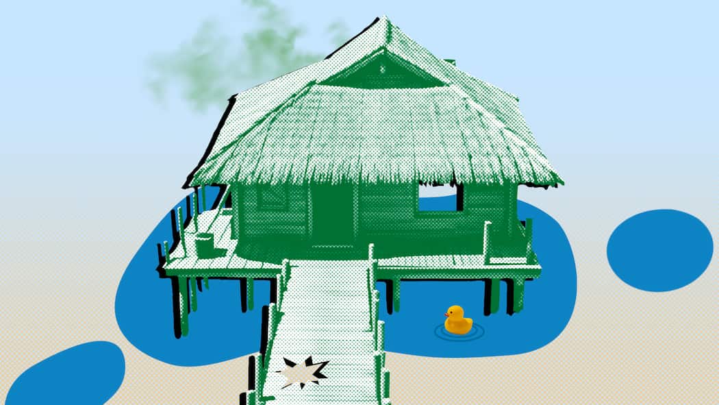 Die Ferienwohnung ist ein Alptraum – was jetzt? Ein grüner Ferienbungalow mit Steg auf blauem Hintergrund mit grünem Dampf darüber. Was tun, wenn die Ferienwohnung schlecht ist.