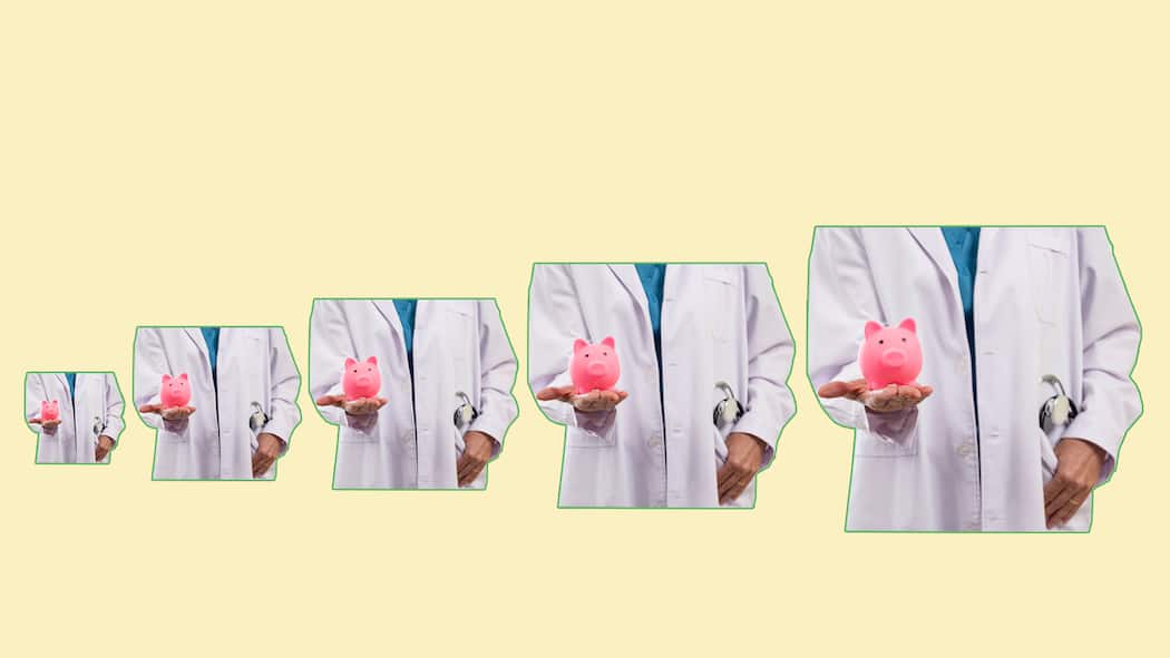 Besitzerin einer Schönheitsklinik kassiert am meisten Ein Doktor mit Sparschwein.