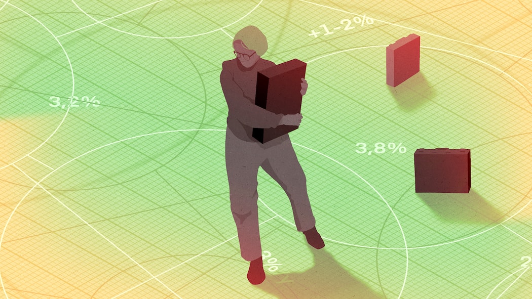 Her mit dem Geld! Oder doch nicht? Eine Frau trägt einen Koffer, neben ihr sind zwei weitere Koffer vor grün-gelbem Hintergrund mit Kreisen und Prozentzahlen. Was beim Kapitalbezug aus der Pensionskasse zu beachten ist.