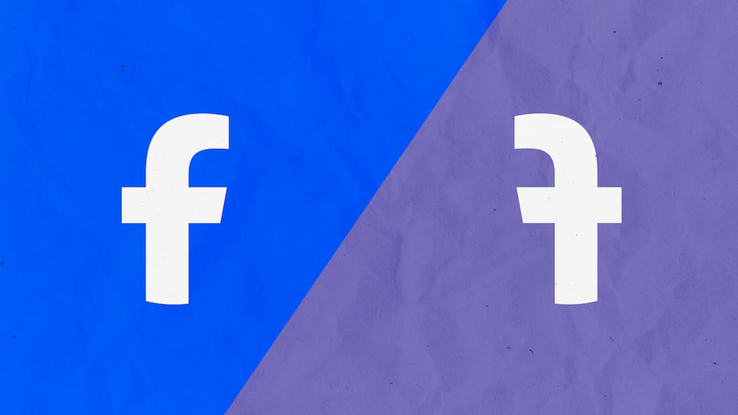 Gauner fälschen Facebook-Seiten Zwei gespiegelte weisse Facebook-Logos auf blauem und violettem Grund.