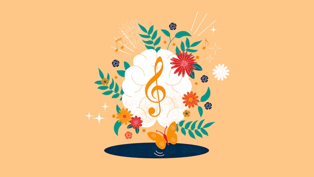 Diese Therapie klingt gut Ein Notenschlüssel auf einem Gehirn, umgeben von Blumen und einem Schmetterling, vor gelbem Hintergrund. Wie Musik positiv auf den Körper wirkt.