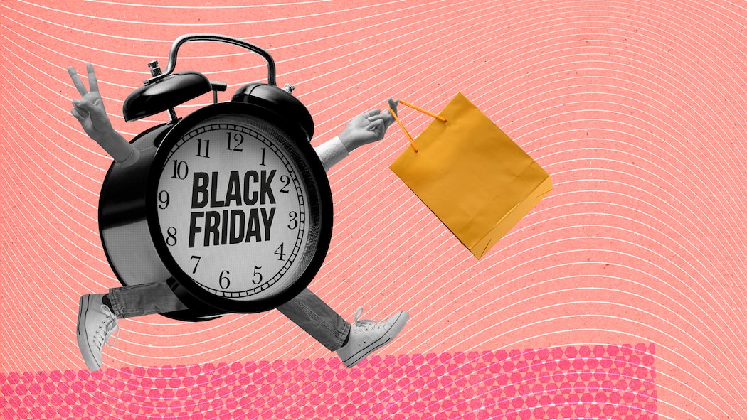 Mit diesen Tricks werden wir verführt Black Friday sale advertisement with funny vintage alarm clock character holding a shopping bag and running, vintage style collage