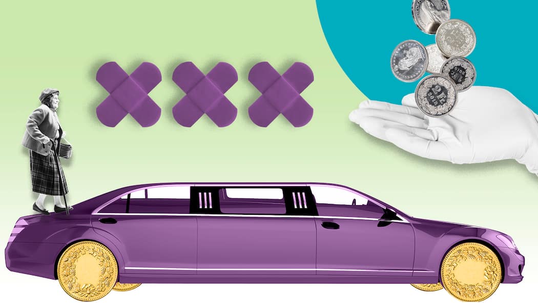 «Weil die Krankenkasse zahlt, wurde die Fahrt doppelt so teuer» Illu mit Limousine und Seniorin - Eine 96-jährige Frau muss für eine Untersuchung vom Altersheim ins Spital fahren. Das Spezialtaxi verlangt einen horrenden Preis. Erst als der Beobachter interveniert, krebst die Firma zurück