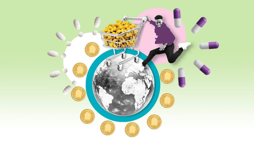 Für wen es sich lohnt, Medikamente im Ausland zu kaufen Collage mit Geld, Welt und Medis -