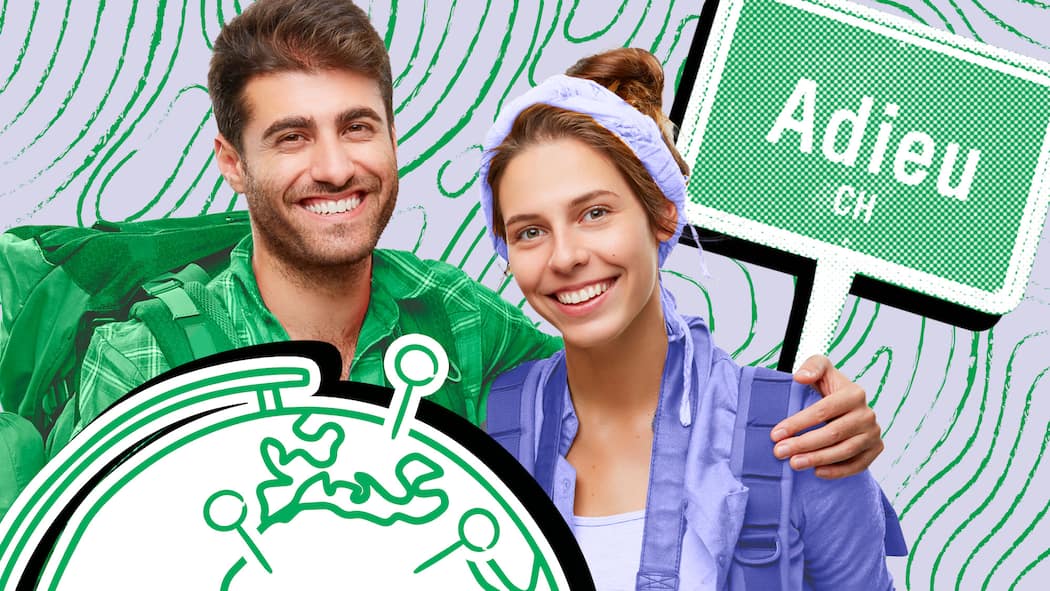 Adieu, Schweiz? Hier müssen Sie sich abmelden Ein Mann und eine Frau vor einem schematischen Globus und einem Adieu-Schild. Was Sie bei einem längeren Auslandsaufenthalt beachten müssen.