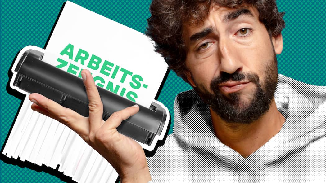 So reagieren Sie auf ein schlechtes Zeugnis Ein Mann hält in der Hand einen Aktenvernichter, durch den ein Arbeitszeugnis läuft. Worauf es bei Arbeitszeugnissen ankommt.