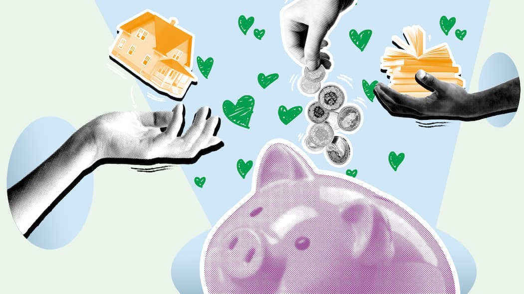 So wird mehr aus dem Göttibatzen Ein Sparschein mit Münzen, ein kleines Haus und Bücher neben drei Händen und grünen Herzen. Wie man am besten für Kinder Geld anspart.