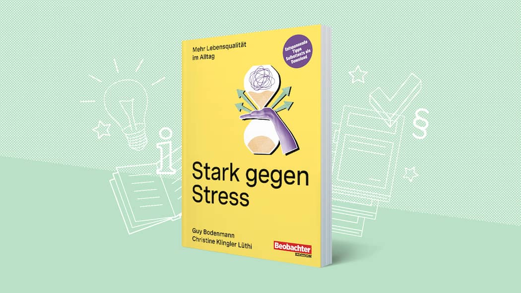 Stress lass nach Den Stress stressfrei bewältigen. Wie man die eigenen Ressourcen stärkt, um stressigen Zeiten bewusster und souveräner zu begegnen, weiss dieser Ratgeber. Illustration Buchseite "Stark gegen Stress"