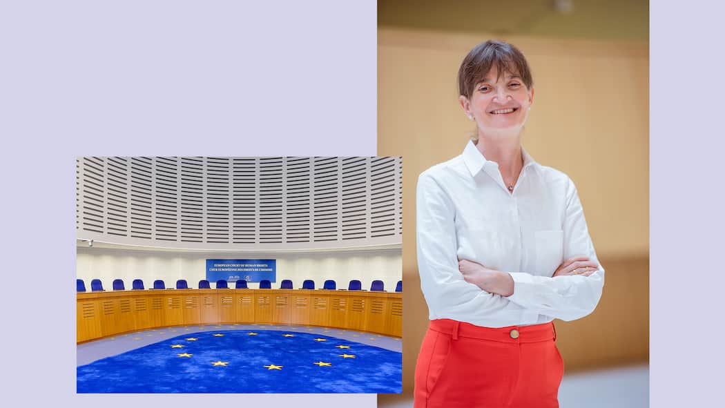 «Die Schweiz macht innenpolitisch ein bisschen Rhetorik» Collage mit Image-Bild France, Strasbourg - 29 October 2015:Human Rights Building - Assembly hall, The European Court of Human Rights und dem Portrait von Helen Keller, Professorin für Voelkerrecht an der Universitaet Zürich und Verfassungsrichteri…