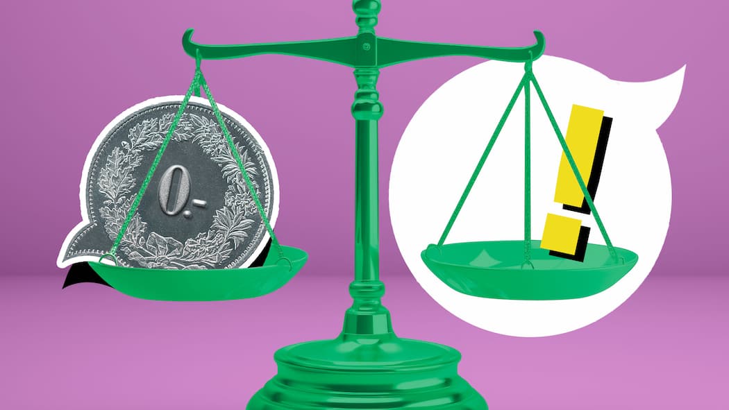 Wo Sie kostenlose Rechtsauskunft bekommen Auf einer Waagschale, die im Gleichgewicht steht, befindet sich links ein Frankenstück mit der Zahl Null und rechts ein Ausrufezeichen. Ratsuchende erhalten in der Schweiz bei diversen Stellen kostenlos eine Rechtsauskunft. Das sind die wichtigsten Anlaufstellen im Überblick.