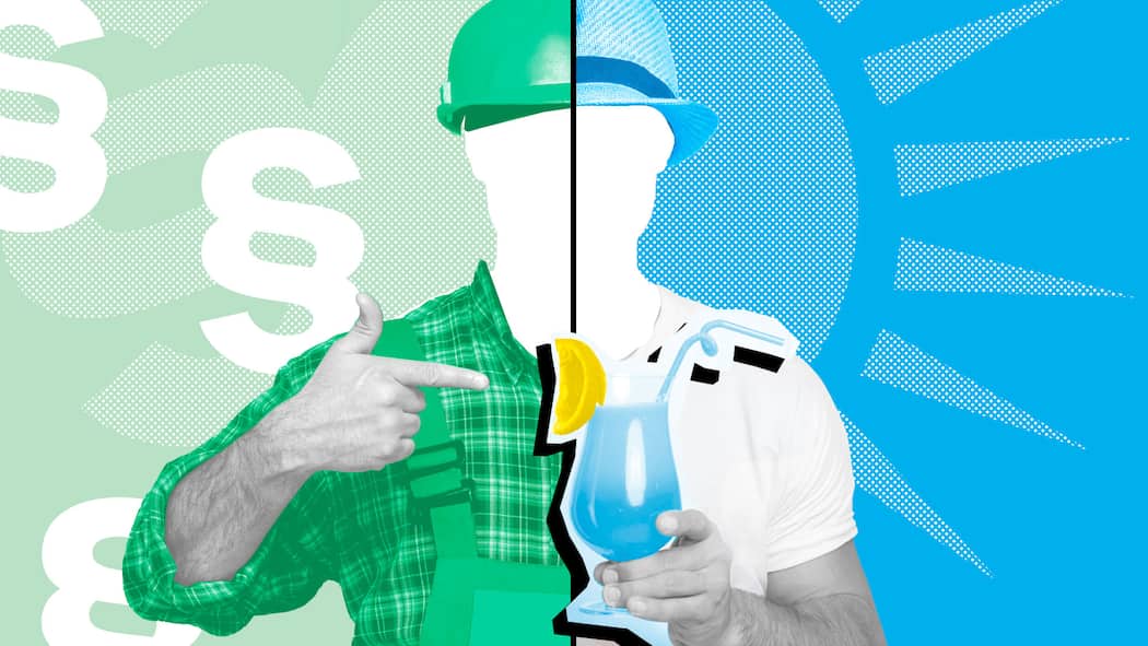 Muss ich meine Ferien in die Betriebsferien legen? Eine Silhouette eines Bauarbeiters ist in eine linke und rechte Hälfte geteilt. Die linke zeigt ihn in Uniform, die rechte im Ferienlook. Wenn Arbeitnehmende Ferien planen und beziehen, gelten arbeitsrechtliche Regeln, die in der Schweiz zur Anwendung kommen. Die häufigsten Fragen und Antworten zum Ferienbezug.