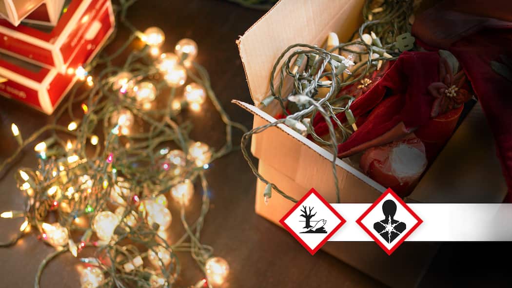 Illegale Schadstoffe in Lichterketten Lichterkette mit Gefahrensymbolen