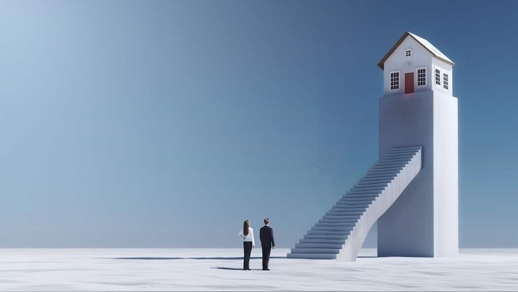 Banken und Politik lassen für viele den Eigenheim-Traum platzen Mann und Frau vor abgesperrtem Haus - 93 Prozent der Haushalte können sich kein Wohneigentum mehr leisten. Schuld sind knallharte Finanzierungsregeln und die Fehler der Raumplanung