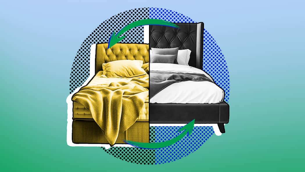 Gratis Ferienwohnung – so sichern Sie sich richtig ab Zwei verschiedene halbe Betten mit zwei Pfeilen vor grün-blauem Hintergrund. Wie Sie sich beim Wohnungstausch rechtlich absichern.