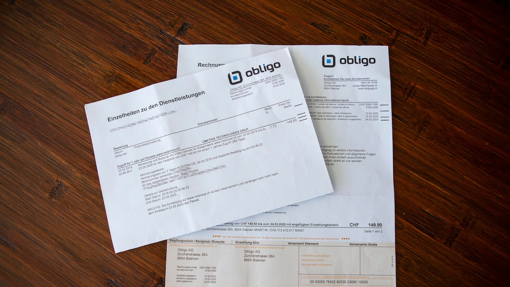 Schwyzer Justiz gibt Kampf gegen Porno-Mahner auf Rechnung der Firma Obligo, die ein Beobachter-Leser erhalten hat.