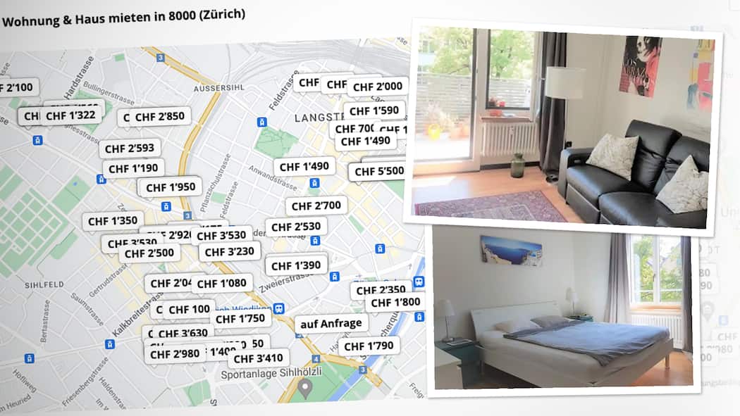 Die erstaunliche Geduld der Immo-Betrüger Karte von Zürich mit Wohnungsinseraten – rechts: 2 Bilder aus dem beschriebenen Fake-Inserat